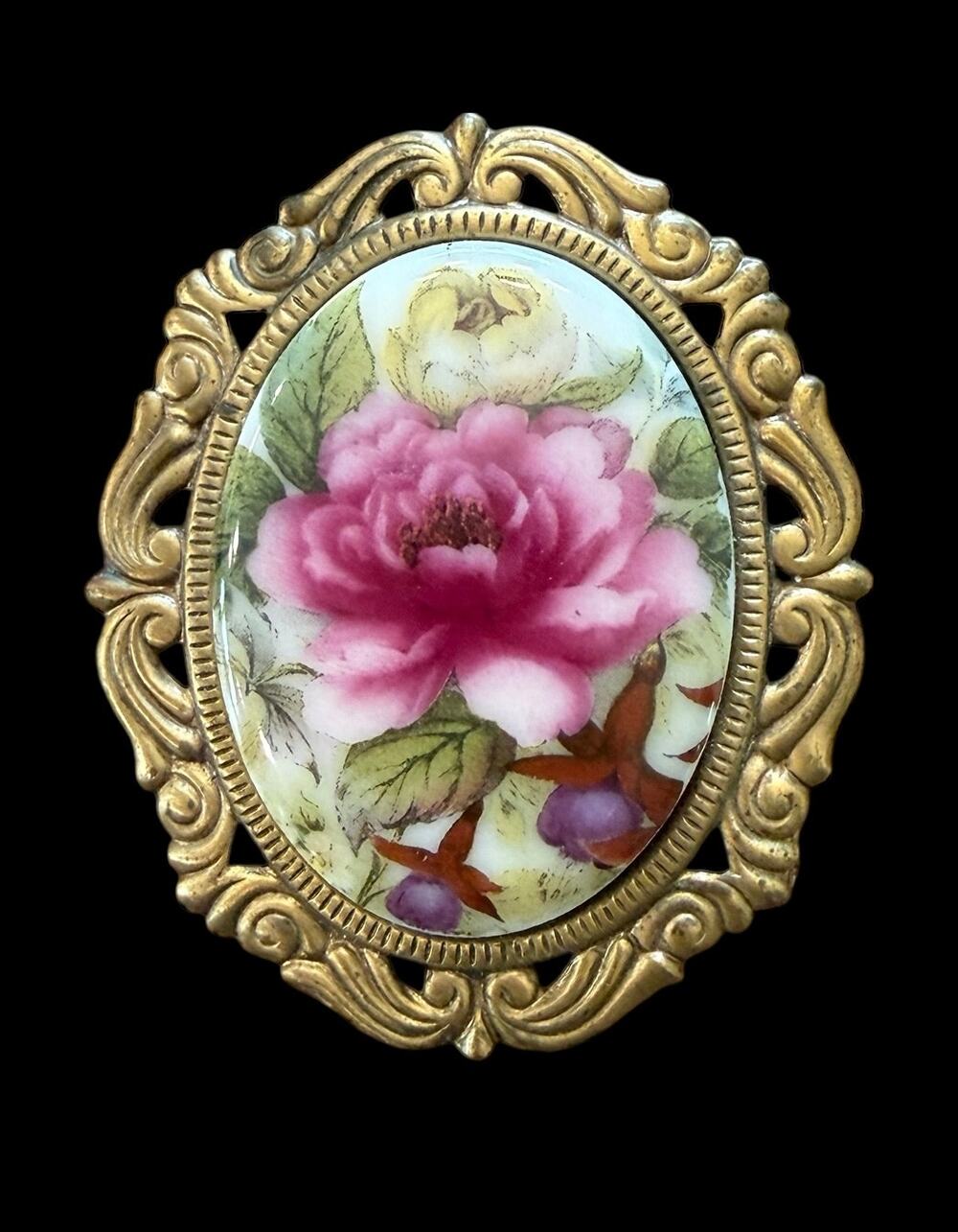 Vintage Porcelain Rose Brooch Gold Tone Filigree Floral Victorian Revival Pin